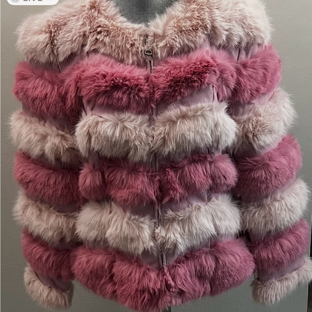 Pink and Cream Faux Fur Jacket